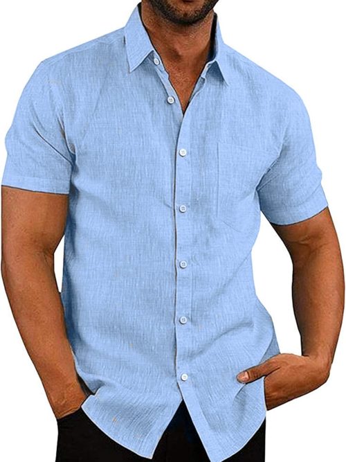 Men's Casual Button Down Shirts Short Sleeve Linen Shirts Summer Beach Dress Shirt